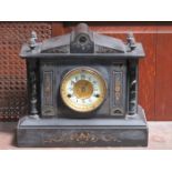 DECORATIVE BLACK SLATE MANTLE CLOCK WITH GILDED & ENAMELLED DIAL