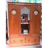 NICE QUALITY OAK ARTS & CRAFTS TWO DOOR MIRRORED AND GLAZED FRONTED WARDROBE