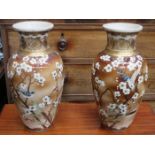 PAIR OF HANDPAINTED AND GILDED ORIENTAL CERAMIC VASES, DECORATED WITH FLORAL DECORATION AND BIRDS,