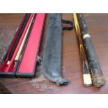 THREE VARIOUS CASED SNOOKER/POOL CUES