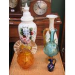 VICTORIAN FLORAL GLASS JAR WITH COVER AND OTHER COLOURED GLASSWARE