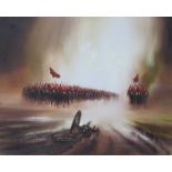 JOHN BAMPFIELD, FRAMED OIL ON CANVAS DEPICTING A CAVALRY ON THE MARCH,