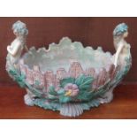 MAJOLICA STYLE POTTERY POSY BOWL WITH RELIEF DECORATION THROUGHOUT (AT FAULT)