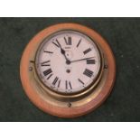 OAK MOUNTED BRASS CIRCULAR SHIP'S CLOCK BY SEWILL,