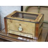 GOOD QUALITY INLAID BIRDS EYE MAPLE CIGAR HUMIDOR WITH SINGLE DRAWER TO FRONT AND GLAZED GLASS TO