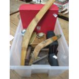 SUNDRY LOT INCLUDING BOXED GLASSWARE, INLAID BOX, CAMERA'S,