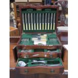 MAHOGANY CASED CANTEEN OF SILVER PLATED CUTLERY BY WALKER & HALL