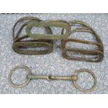 SMALL SELECTION OF BRASS HORSE STIRRUPS AND MOUTH PIECE