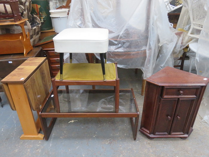GLASS TOPPED COFFEE TABLE, CORNER CUPBOARD AND SMALL DROP LEAF TABLE,