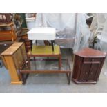 GLASS TOPPED COFFEE TABLE, CORNER CUPBOARD AND SMALL DROP LEAF TABLE,