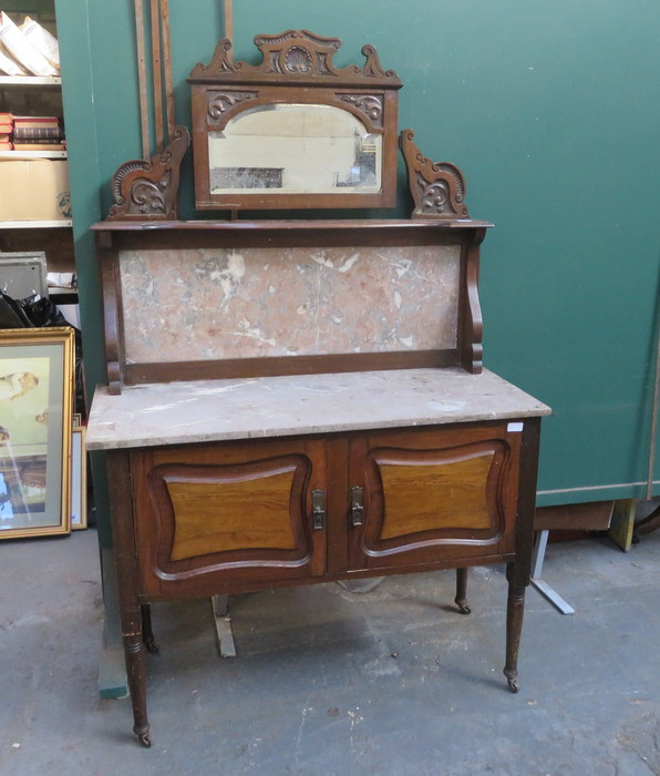 MARBLE TOPPED MIRROR BACKED WASHSTAND