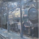 E GREENWOOD, FRAMED OIL ON BOARD DEPICTING A LMS STANIER CLASS LOCOMOTIVE IN SHED,
