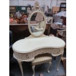 CREAM COLOURED AND GILDED KIDNEY SHAPED DRESSING TABLE WITH STOOL