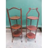 TWO MAHOGANY THREE TIER FOLDING CAKE STANDS