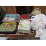 MIXED LOT INCLUDING BISCUIT TINS AND SHAWL PLUS JACKET, ETC.