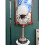 VINTAGE COPPER COLUMN FORM OIL LAMP WITH GLASS RESERVOIR AND SHADE, BY HINKS DUPLEX,