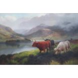 H R HALL, GILT FRAMED OIL ON BOARD- HIGHLAND CATTLE, LOCH LOMOND,