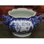ORIENTAL STYLE BLUE AND WHITE GLAZED CERAMIC TWO HANDLED JARDINIERE