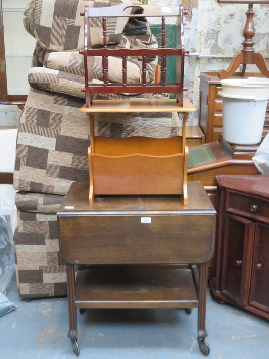 OAK TEA TROLLEY AND TWO MAGAZINE RACKS