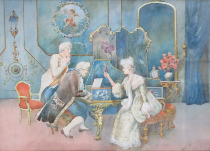 19th CENTURY GILT FRAMED WATERCOLOUR DEPICTING A SEATED MUSICIAN WITH FRIENDS, SIGNED (INDISTINCT),