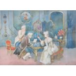 19th CENTURY GILT FRAMED WATERCOLOUR DEPICTING A SEATED MUSICIAN WITH FRIENDS, SIGNED (INDISTINCT),