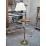BRASS VICTORIAN STYLE ADJUSTABLE STANDARD LAMP WITH CIRCULAR MAHOGANY TIER