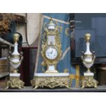 ITALIAN STYLE GILT METAL AND MARBLE EFFECT CLOCK AND GARNITURE SET