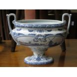 DELFT BLUE AND WHITE STEMMED AND TWO HANDLED POSY BOWL,