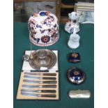 MASON'S STYLE CHEESE COVER, TWO VICTORIAN JUGS AND TWO PIECES OF LIMOGES, PLUS PLATED CAKE KNIVES,