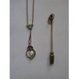 9ct GOLD DROP PENDANT ON 9ct GOLD CHAIN AND STICK PIN