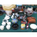 SUNDRY CERAMICS AND GLASS INCLUDING TABLE LAMPS AND BINOCULARS, ETC.