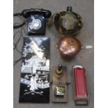 JAPANESE INLAID PANEL, MODERN PHONE,TWO CRIBBAGE GAMES, COPPER AND BRASS, MILITARY WATER FLASK ETC.