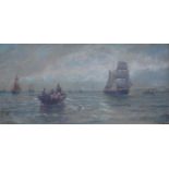 J T MIDGLEY, GILT FRAMED OIL ON CANVAS DEPICTING SAILING BOATS AT SEA,