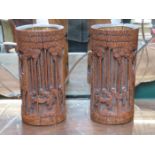 PAIR OF CARVED ORIENTAL TREEN BRUSH POTS,