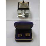 GLASS INKWELL WITH HALLMARKED SILVER TOP AND CASED SET OF OPAL SET CUFFLINKS