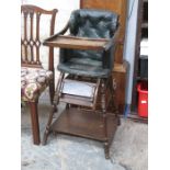 VICTORIAN STYLE CHILD'S GREEN LEATHER UPHOLSTERED ADJUSTABLE HIGH CHAIR