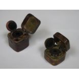 TWO VICTORIAN/EDWARDIAN LEATHER TRAVELLING INKWELLS