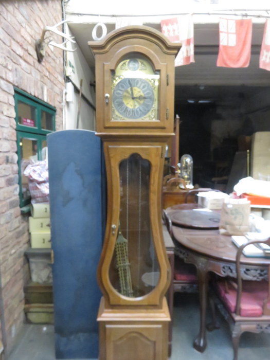 REPRODUCTION OAK CASED TEMPUS FUGIT GRANDFATHER CLOCK