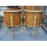 PAIR OF DUTCH MARQUETRY STYLE INLAID AND GILDED WAVE EDGE HALF MOON SIDE CABINETS