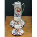 ROYAL DOULTON SYREN ART DECO COFFEE POT AND TWO TRIOS