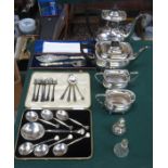 MIXED LOT INCLUDING SILVER PLATED FOUR PIECE TEASET, PLATED FISH SERVERS, PLATED SET OF SPOONS,