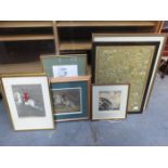 MIXED LOT OF PICTURES AND PRINTS PLUS FRAMED SILK EMBROIDERY