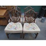 SET OF FOUR ANTIQUE INLAID MAHOGANY TAPESTRY SEATED DINING CHAIRS