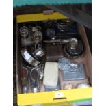 BOX OF VARIOUS PLATEDWARE, FLATWARE, STRONG BOX, WINE COASTERS, NAPKIN RINGS AND PIN CUSHIONS, ETC.