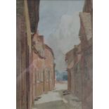 GEORGE LIONEL BEHREND, FRAMED WATERCOLOUR DEPICTING A BACK STREET SCENE,