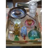 MIXED LOT OF COLOURED AND OTHER GLASSWARE AND WOODEN BOWL, ETC.