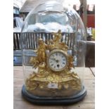 FRENCH STYLE GILT METAL MANTEL CLOCK UNDER VICTORIAN GLASS DOME