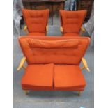 1950s STYLE ORANGE UPHOLSTERED THREE PIECE SUITE,