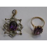 9ct GOLD AMETHYST SET DRESS RING AND SIMILAR DROP PENDANT