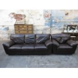 BROWN LEATHER UPHOLSTERED THREE SEATER SETTEE AND ARMCHAIR